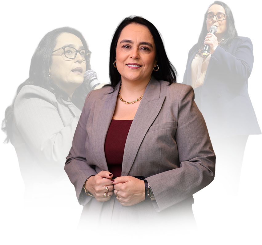Patrícia Bastos em retrato e durante palestras